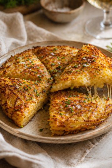 La galette coupée en 4 quartiers comme une tarte, dressée sur une assiette en grès beige posée sur un torchon en lin