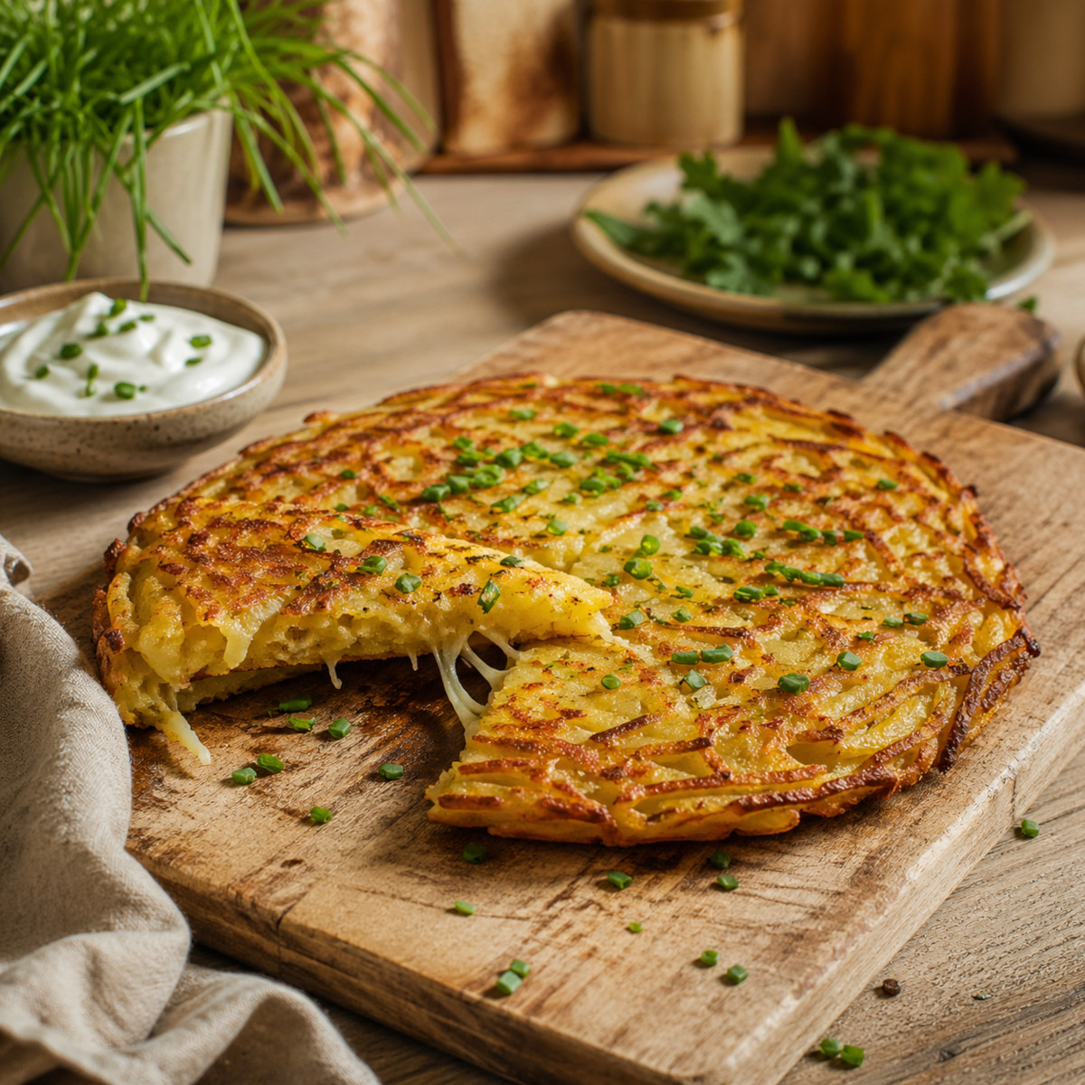 La galette entière, dorée des deux côtés, posée sur une planche en bois rustique