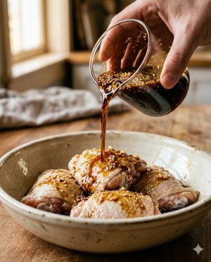 Main versant une marinade soja-miel brillante sur des cuisses de poulet crues dans un bol en céramique mate, avec des graines de sésame et de l'ail visibles dans la sauce