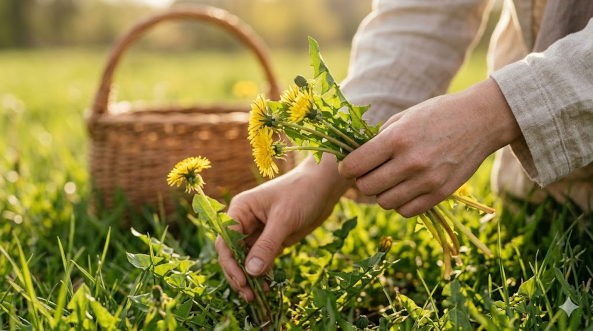 Mains cueillant des feuilles de pissenlit frais au printemps