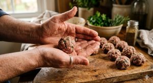 Mains qui façonnent une boulette d'agneau entre les paumes, avec d'autres boulettes crues alignées sur une planche en bois
