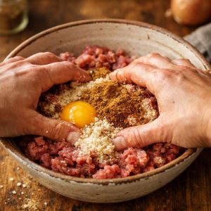 Mains qui mélangent de la viande d'agneau effilochée avec œuf, chapelure et épices dans un bol en céramique