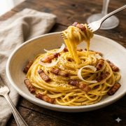 Nid de spaghettis généreusement garni (sauce onctueuse aux œufs dorés