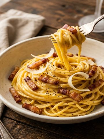 Nid de spaghettis généreusement garni (sauce onctueuse aux œufs dorés