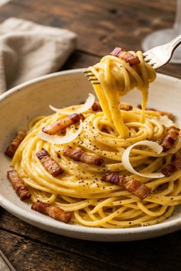 Nid de spaghettis généreusement garni (sauce onctueuse aux œufs dorés