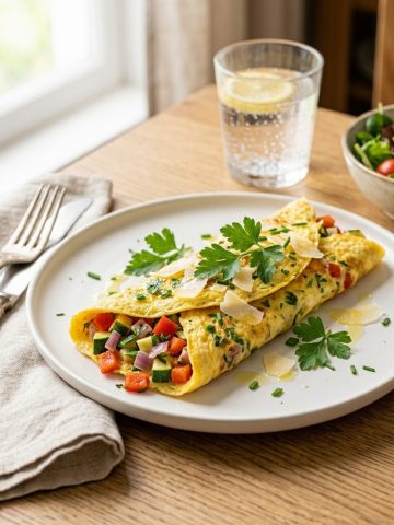 Omelette garnie façon repas complet aux légumes et fromage, dressée sur assiette blanche, lumière naturelle