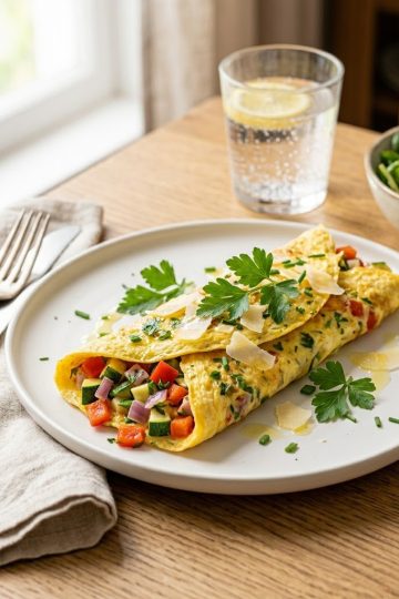 Omelette garnie façon repas complet aux légumes et fromage, dressée sur assiette blanche, lumière naturelle