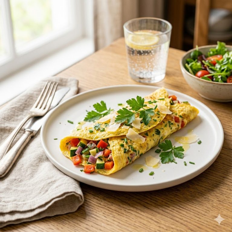 Omelette garnie façon repas complet aux légumes et fromage, dressée sur assiette blanche, lumière naturelle