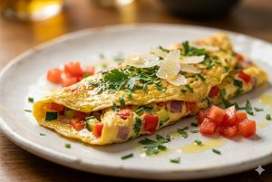 Omelette garnie moelleuse dressée en gros plan, herbes fraîches et copeaux de fromage