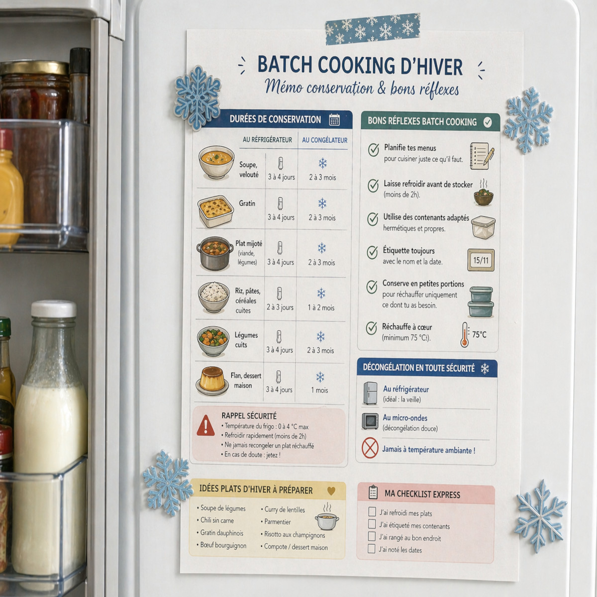 Pense-bête imprimé sur frigo avec durées de conservation des plats d’hiver