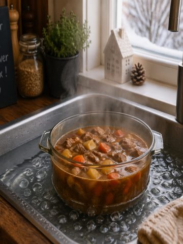 Plat mijoté placé dans un bain d'eau froide pour refroidissement rapide en hiver