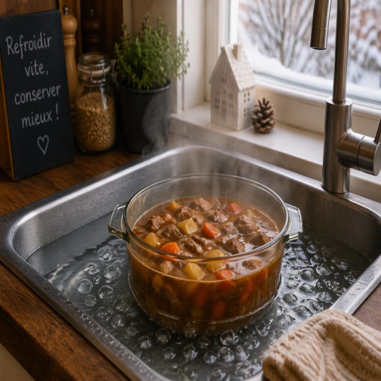 Plat mijoté placé dans un bain d’eau froide pour refroidissement rapide en hiver