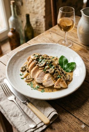 Poitrine de poulet rôtie tranchée sur un plat en céramique, avec de la sauce aux champignons