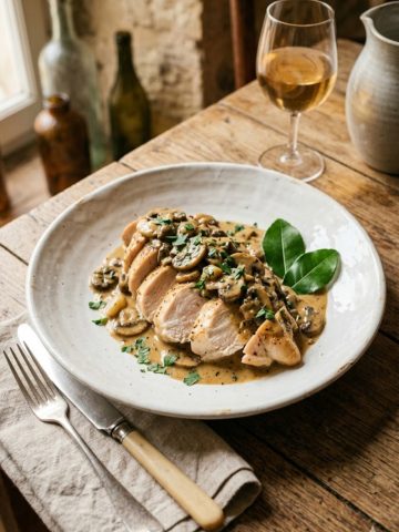 Poitrine de poulet rôtie tranchée sur un plat en céramique, avec de la sauce aux champignons