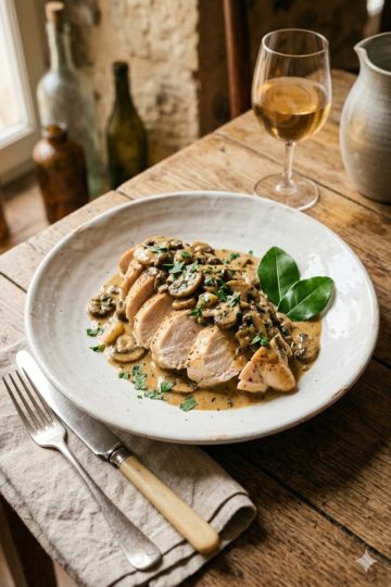 Poitrine de poulet rôtie tranchée sur un plat en céramique, avec de la sauce aux champignons