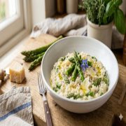 Risotto crémeux aux asperges vertes en assiette creuse blanche, copeaux de parmesan et fleur de bourrache