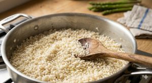 Riz arborio nacrant à sec dans une sauteuse, étape du risotto
