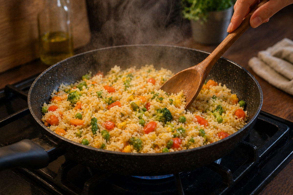 Riz aux légumes réchauffé à la poêle, remué doucement à la cuillère en bois
