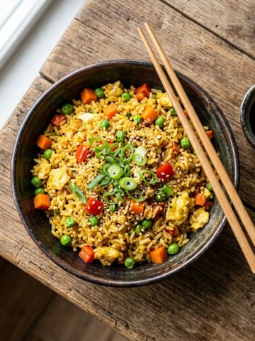 Riz sauté aux légumes et œuf servi dans un bol asiatique, garni d'oignons nouveaux et graines de sésame