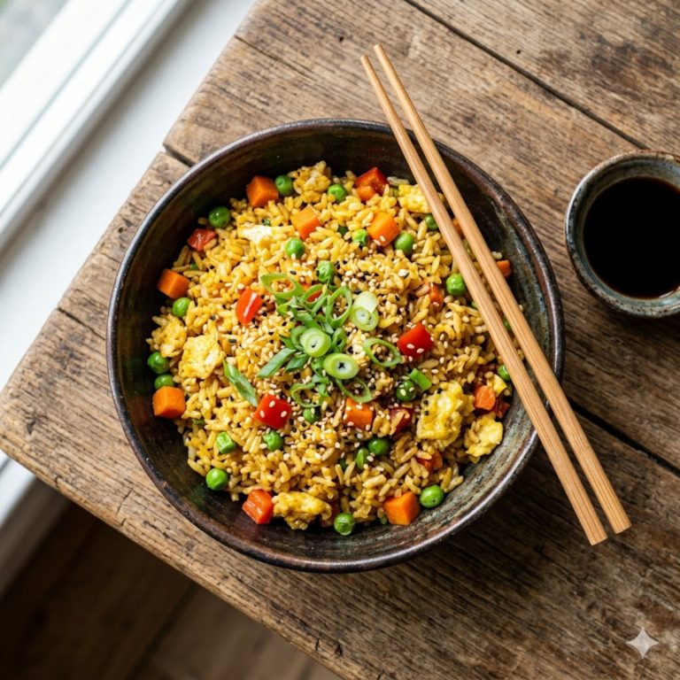 Riz sauté aux légumes et œuf servi dans un bol asiatique, garni d'oignons nouveaux et graines de sésame