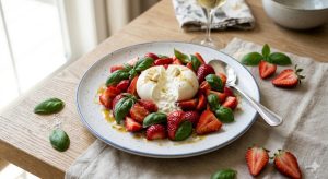 Salade de fraises et burrata au basilic dressée vue de dessus à 45°, vinaigrette miel balsamique blanc, recette fraîcheur printemps