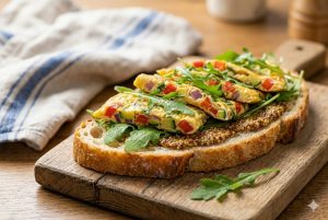 Sandwich froid au reste d'omelette garnie, roquette et moutarde à l'ancienne sur planche en bois, repas rapide du lendemain