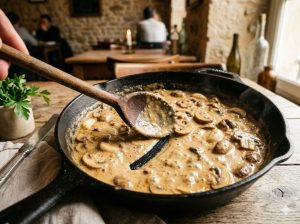 Sauce crémeuse aux champignons et à l'ail dans une poêle en fonte avec une cuillère en bois.