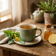 Tasse de tisane détox au pissenlit maison fumante sur soucoupe en grès