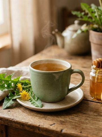 Tasse de tisane détox au pissenlit maison fumante sur soucoupe en grès