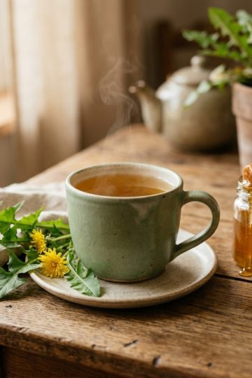 Tasse de tisane détox au pissenlit maison fumante sur soucoupe en grès