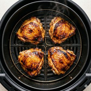 Vue aérienne de cuisses de poulet en cours de cuisson dans le panier d'une friteuse à air, peau qui croustille et glaçage caramélisé visible
