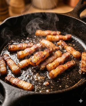 guanciale grésillant dans une poêle