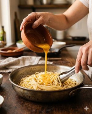 le moment crucial de l'incorporation de la sauce aux œufs aux pâtes
