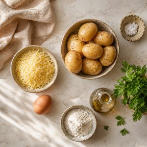 pommes de terre Charlotte avec leurs épluchures partielles, petit bol de fromage râpé, un œuf
