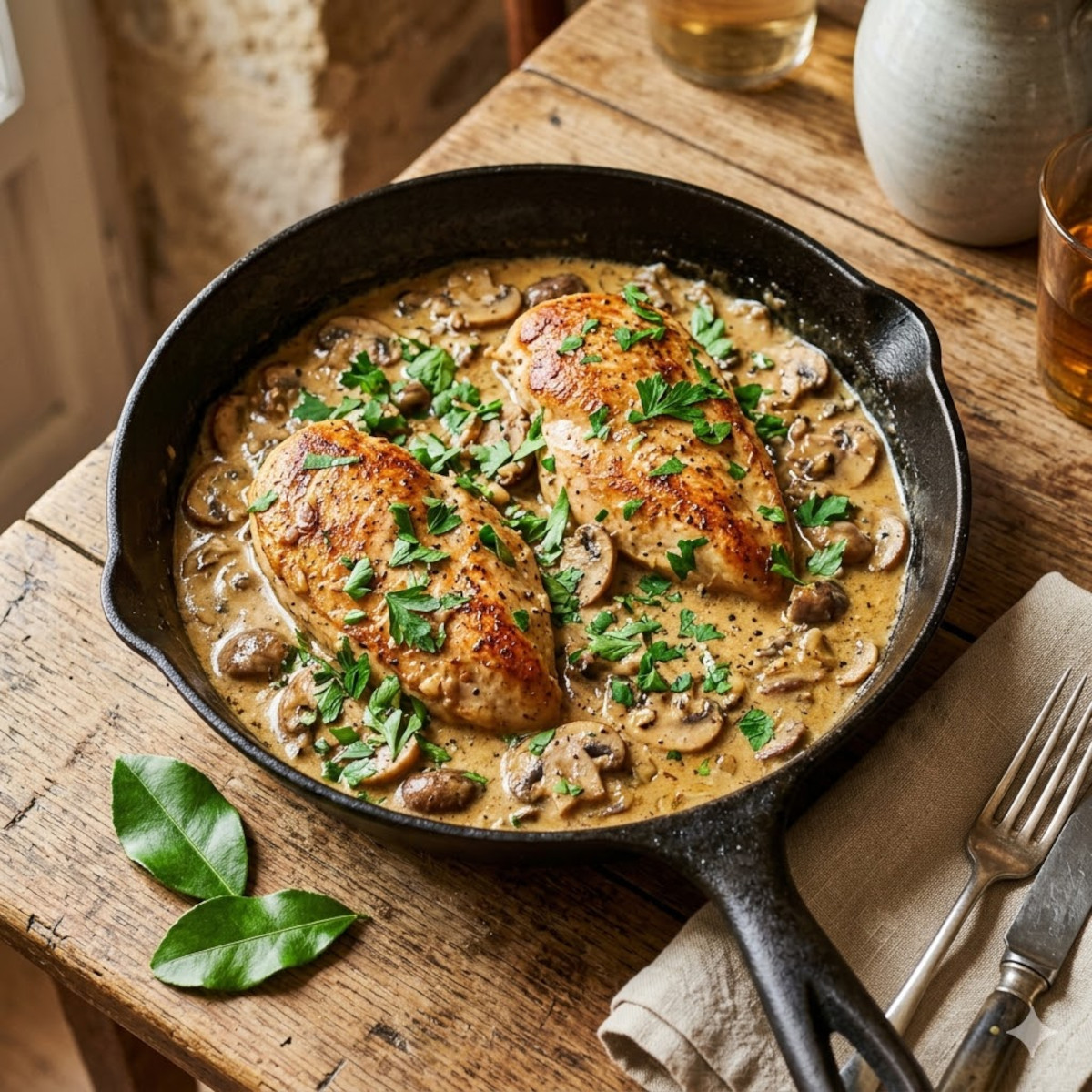 poulet et aux champignons dans une poêle en fonte sur une table en bois rustique.