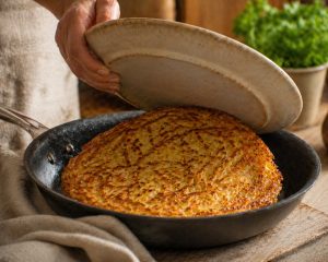 une grande assiette plate positionnée au-dessus de la poêle, juste avant le retournement