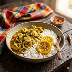 Assiette de riz blanc et curry de poulet accompagnés