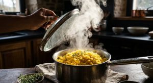 Couvercle soulevé sur le riz jaune créole cuit, vapeur et grains bien séparés