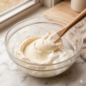 Crème mascarpone légère pour tiramisu aux fraises, mélangée à la maryse
