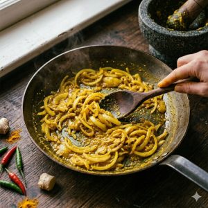 Cuisson des épices et du curcuma avec les oignons fondants dans une marmite,