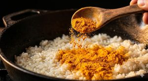 Curcuma en poudre versé en pluie dorée sur le riz nacré dans la casserole
