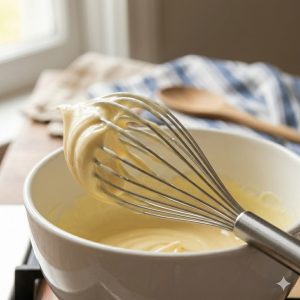 Fouet avec ruban épais de mayonnaise maison crémeuse et nacrée