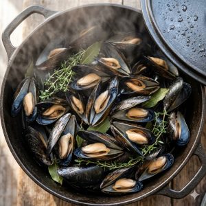 Grande cocotte de moules vapeur ouvertes, brins de thym, vapeur légère