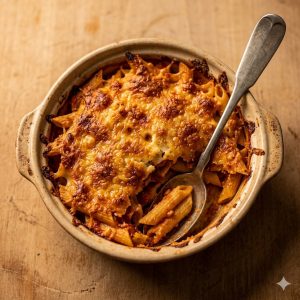 Gratin de restes de pâtes à la feta avec croûte dorée et croustillante