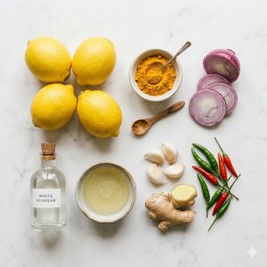 Ingrédients des achards de citrons réunionnais disposés à plat