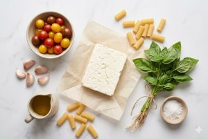 Ingrédients pour pâtes à la feta au four : feta, tomates cerises, ail, rigatoni, basilic et huile d'olive