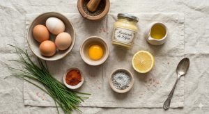 Ingrédients pour recette œufs mayo maison : œufs frais, moutarde, huile, citron et ciboulette