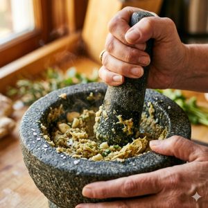 Mains pilonnant ail, gingembre et piment dans un mortier en pierre