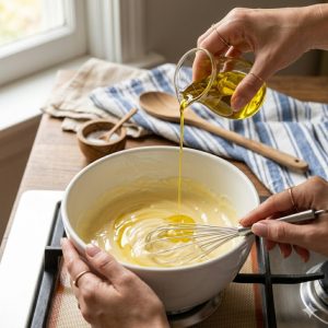 Mains versant un filet d'huile dans un bol pour monter une mayonnaise maison au fouet