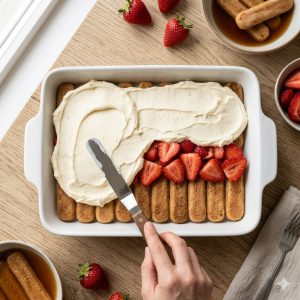 Montage des couches du tiramisu fraises : biscuits imbibés, crème mascarpone et fraises fraîches